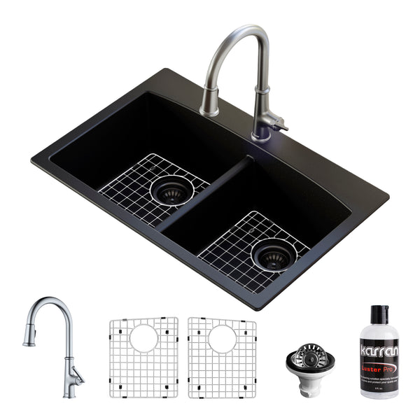 Karran 33" Drop In/Topmount Quartz Composite Kitchen Sink with Stainless Steel Faucet and Accessories, 50/50 Double Bowl, Black, QT710BLKKF330SS