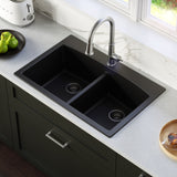 Karran 33" Drop In/Topmount Quartz Composite Kitchen Sink with Stainless Steel Faucet and Accessories, 50/50 Double Bowl, Black, QT710BLKKF330SS