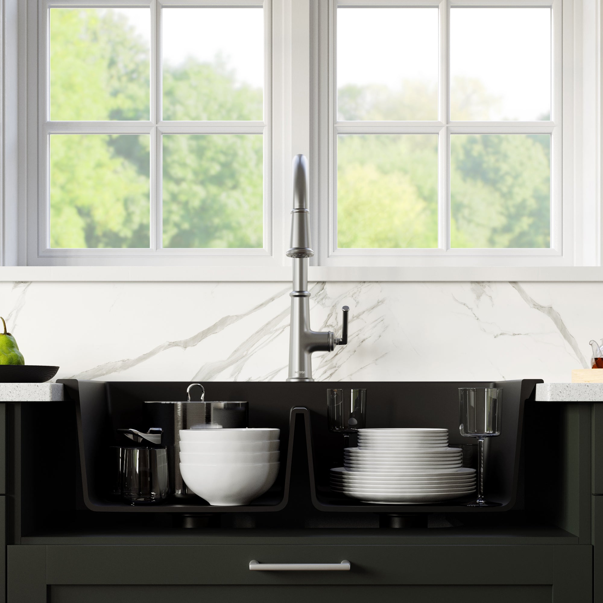 Karran 33" Drop In/Topmount Quartz Composite Kitchen Sink with Stainless Steel Faucet and Accessories, 50/50 Double Bowl, Black, QT710BLKKF330SS