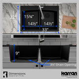 Karran 33" Drop In/Topmount Quartz Composite Kitchen Sink with Stainless Steel Faucet and Accessories, 50/50 Double Bowl, Black, QT710BLKKF330SS