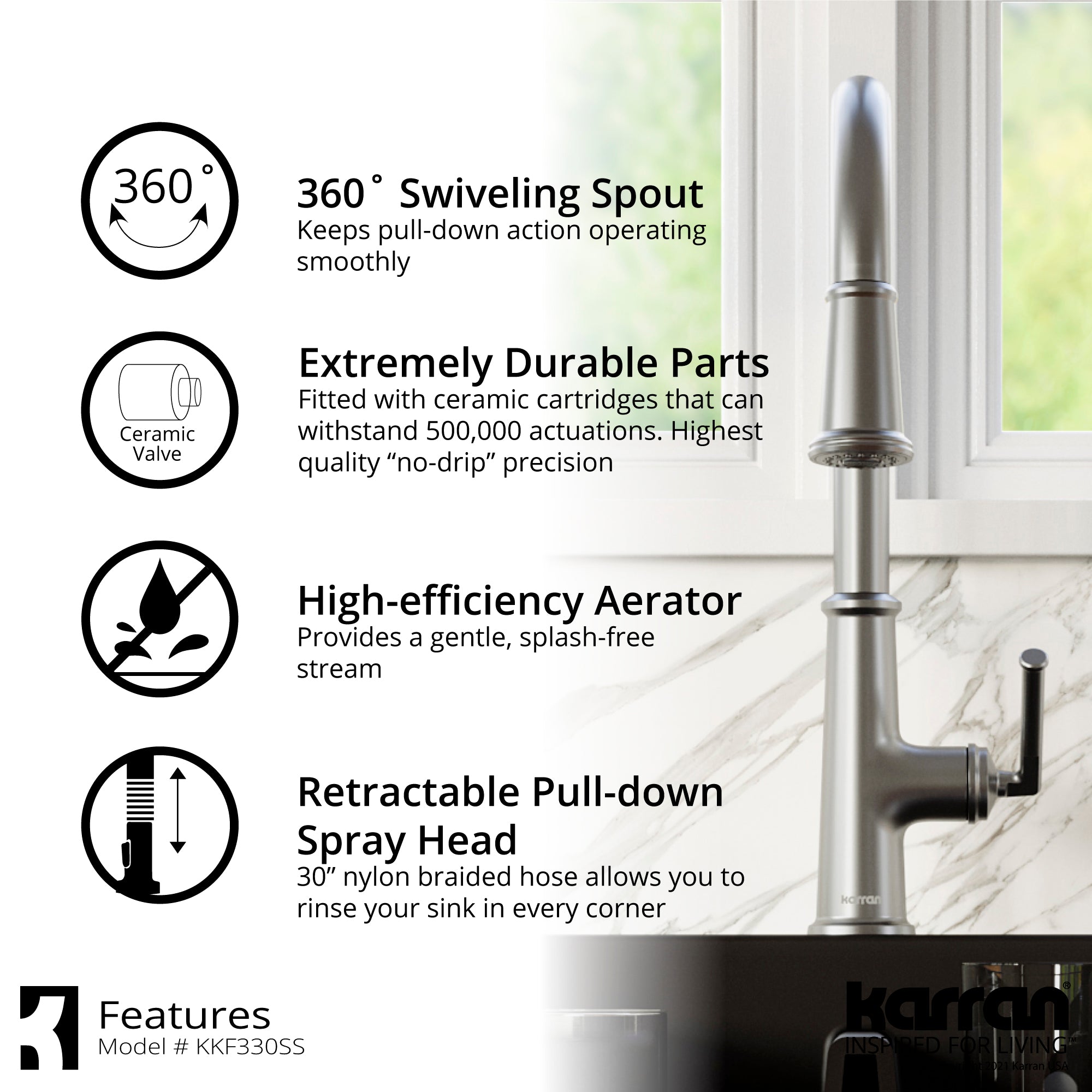 Karran 33" Drop In/Topmount Quartz Composite Kitchen Sink with Stainless Steel Faucet and Accessories, 50/50 Double Bowl, Black, QT710BLKKF330SS