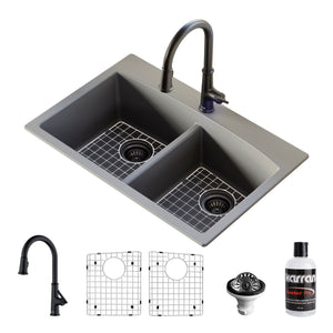 Alternate Image for Karran 33" Drop In/Topmount Quartz Composite Kitchen Sink with Matte Black Faucet and Accessories, 50/50 Double Bowl, Grey, QT710GRKKF330MB