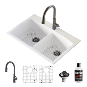 Alternate Image for Karran 33" Drop In/Topmount Quartz Composite Kitchen Sink with Gunmetal Grey Faucet and Accessories, 50/50 Double Bowl, White, QT710WHKKF330GG
