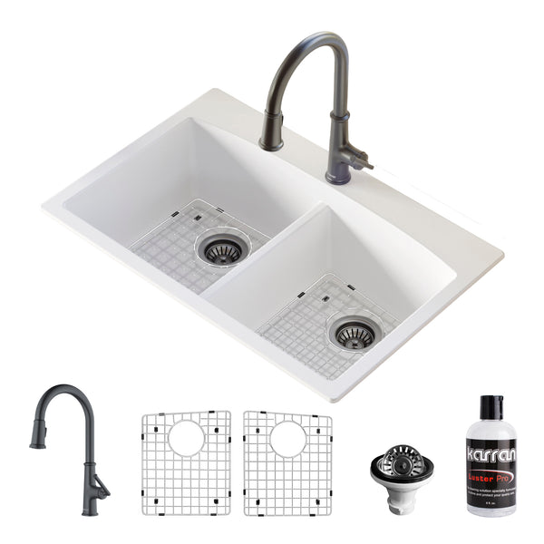 Karran 33" Drop In/Topmount Quartz Composite Kitchen Sink with Gunmetal Grey Faucet and Accessories, 50/50 Double Bowl, White, QT710WHKKF330GG