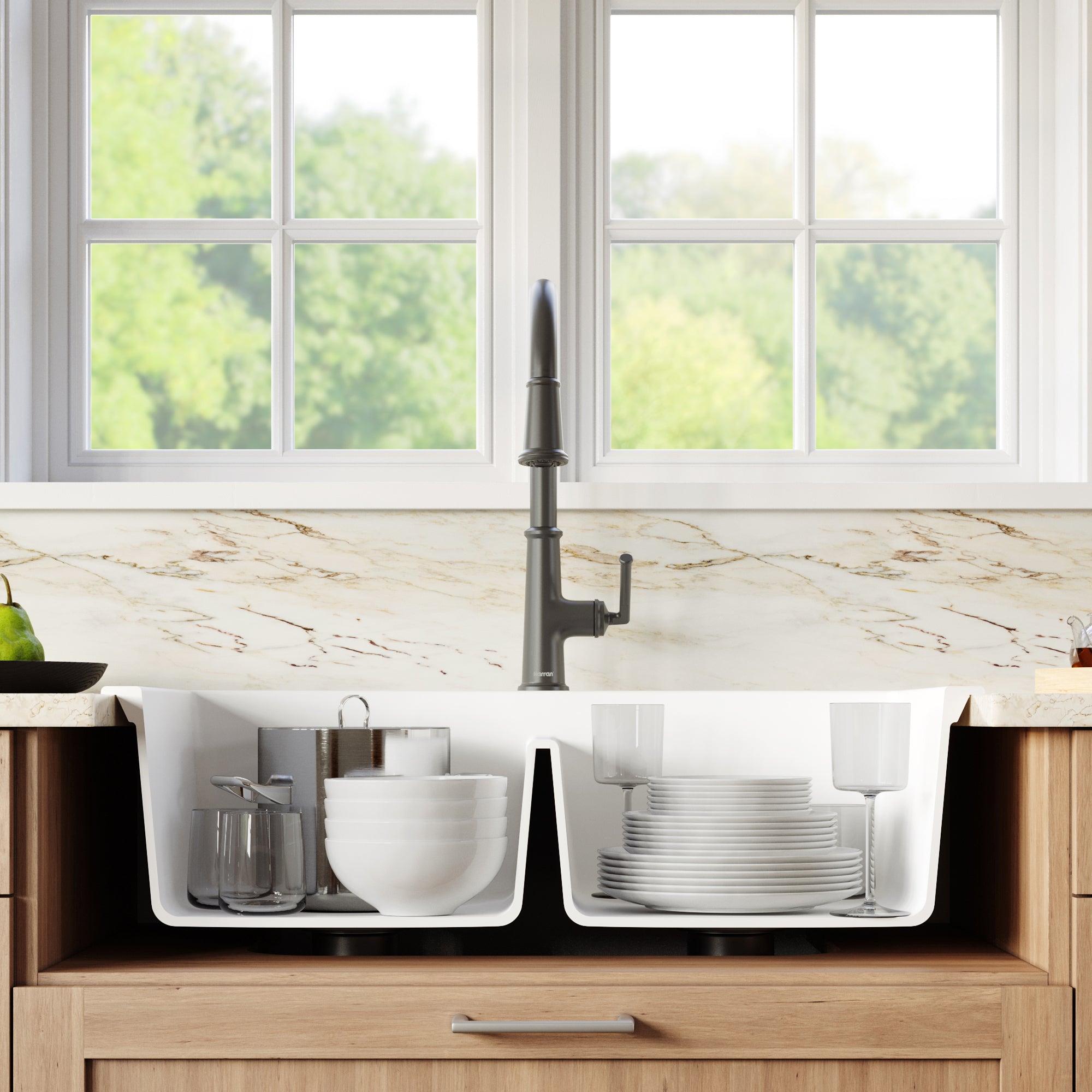 Karran 33" Drop In/Topmount Quartz Composite Kitchen Sink with Gunmetal Grey Faucet and Accessories, 50/50 Double Bowl, White, QT710WHKKF330GG