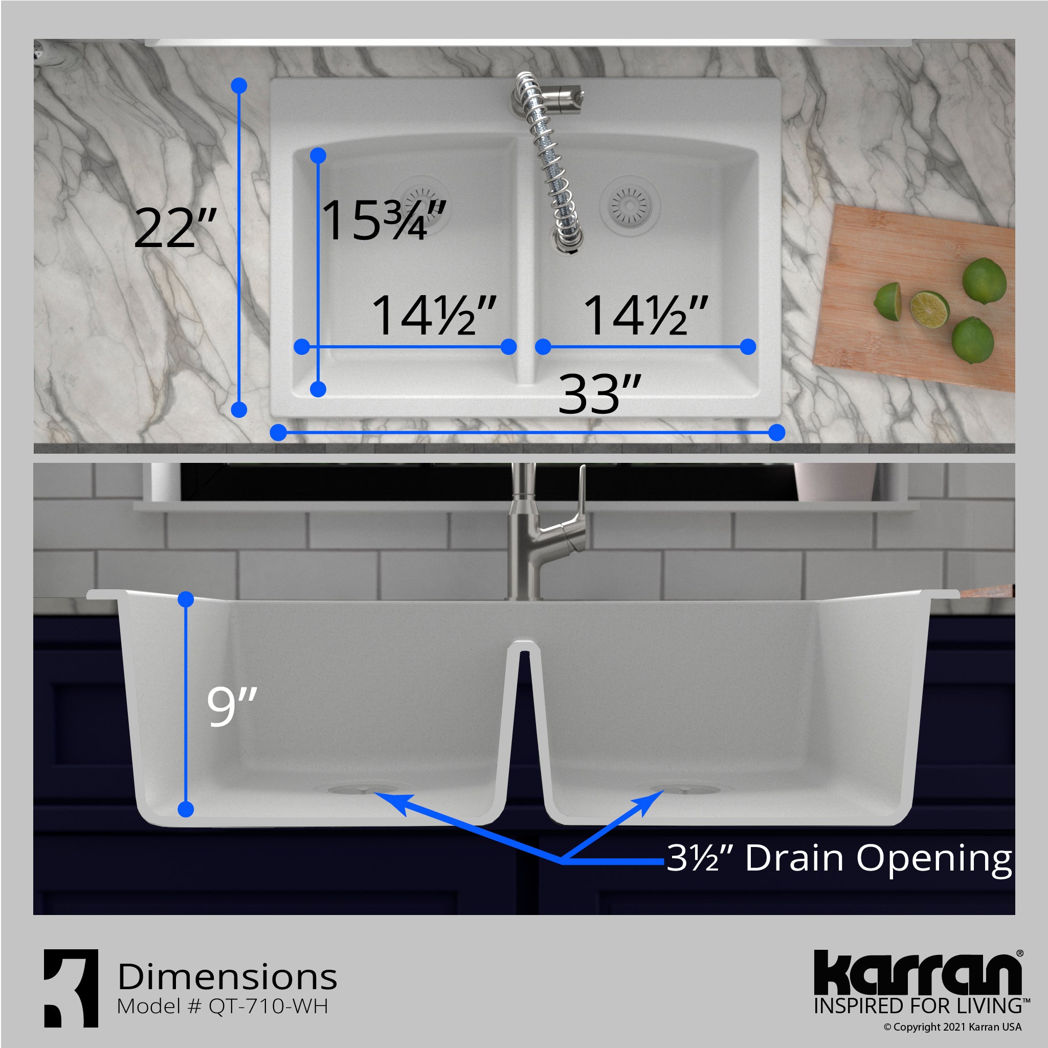Karran 33" Drop In/Topmount Quartz Composite Kitchen Sink with Gunmetal Grey Faucet and Accessories, 50/50 Double Bowl, White, QT710WHKKF330GG