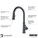 Karran 33" Drop In/Topmount Quartz Composite Kitchen Sink with Gunmetal Grey Faucet and Accessories, 50/50 Double Bowl, White, QT710WHKKF330GG