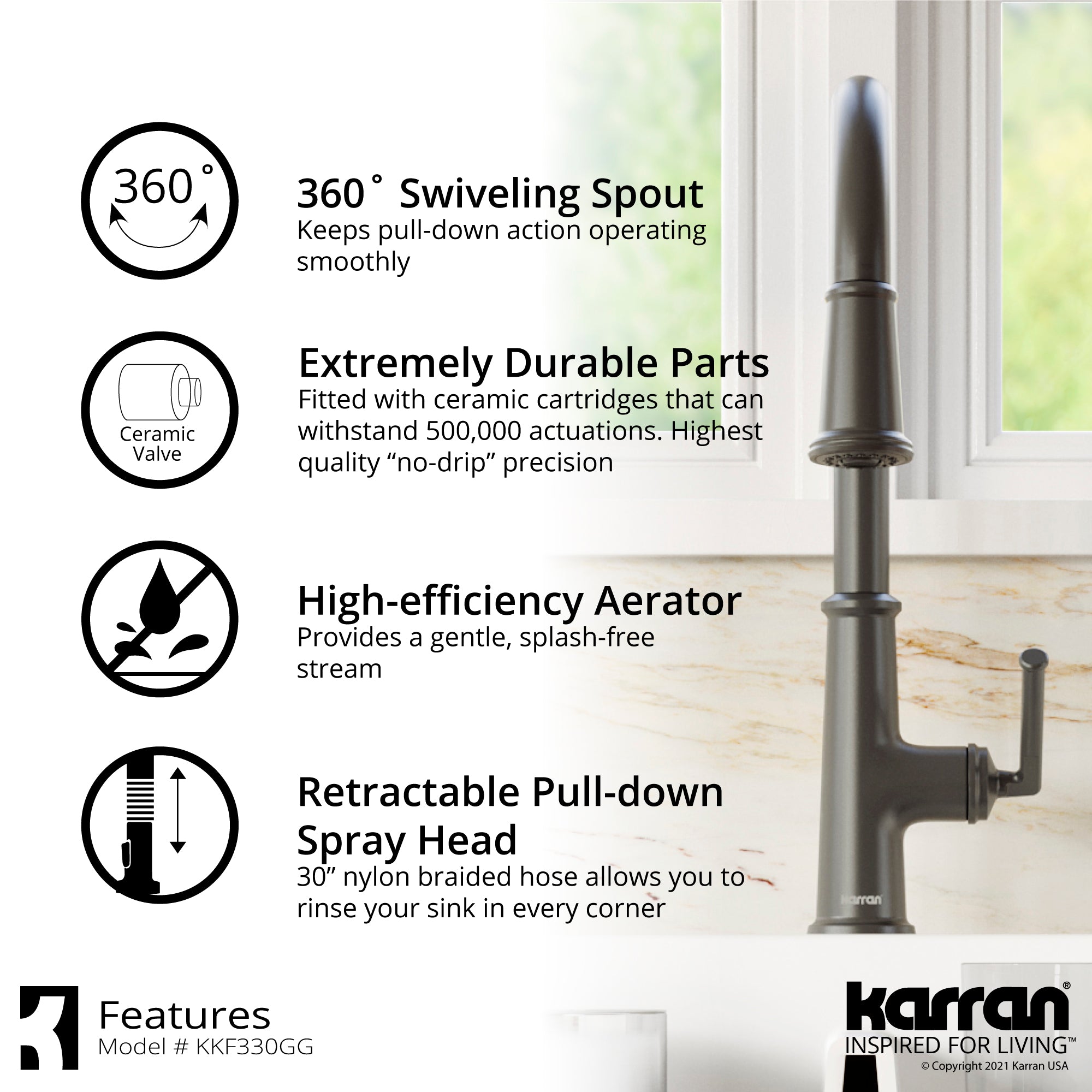 Karran 33" Drop In/Topmount Quartz Composite Kitchen Sink with Gunmetal Grey Faucet and Accessories, 50/50 Double Bowl, White, QT710WHKKF330GG
