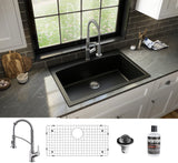 Karran 33" Drop In/Topmount Quartz Composite Kitchen Sink with Stainless Steel Faucet and Accessories, Black, QT712BL210SS