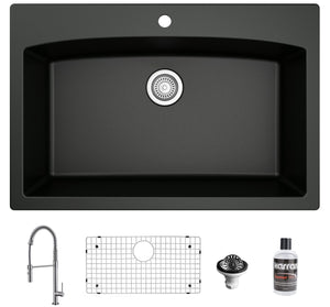 Alternate Image for Karran 33" Drop In/Topmount Quartz Composite Kitchen Sink with Stainless Steel Faucet and Accessories, Black, QT712BL220SS