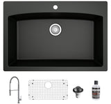 Karran 33" Drop In/Topmount Quartz Composite Kitchen Sink with Stainless Steel Faucet and Accessories, Black, QT712BL220SS