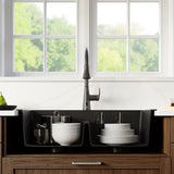 Karran 33" Drop In/Topmount Quartz Composite Kitchen Sink with Gunmetal Grey Faucet and Accessories, 50/50 Double Bowl, Black, QT810BLKKF340GG