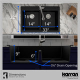 Karran 33" Drop In/Topmount Quartz Composite Kitchen Sink with Gunmetal Grey Faucet and Accessories, 50/50 Double Bowl, Black, QT810BLKKF340GG