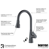 Karran 33" Drop In/Topmount Quartz Composite Kitchen Sink with Gunmetal Grey Faucet and Accessories, 50/50 Double Bowl, Black, QT810BLKKF340GG