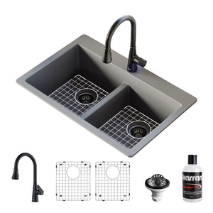 Alternate Image for Karran 33" Drop In/Topmount Quartz Composite Kitchen Sink with Matte Black Faucet and Accessories, 50/50 Double Bowl, Grey, QT810GRKKF340MB