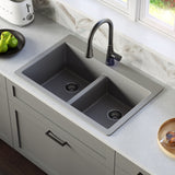 Karran 33" Drop In/Topmount Quartz Composite Kitchen Sink with Matte Black Faucet and Accessories, 50/50 Double Bowl, Grey, QT810GRKKF340MB