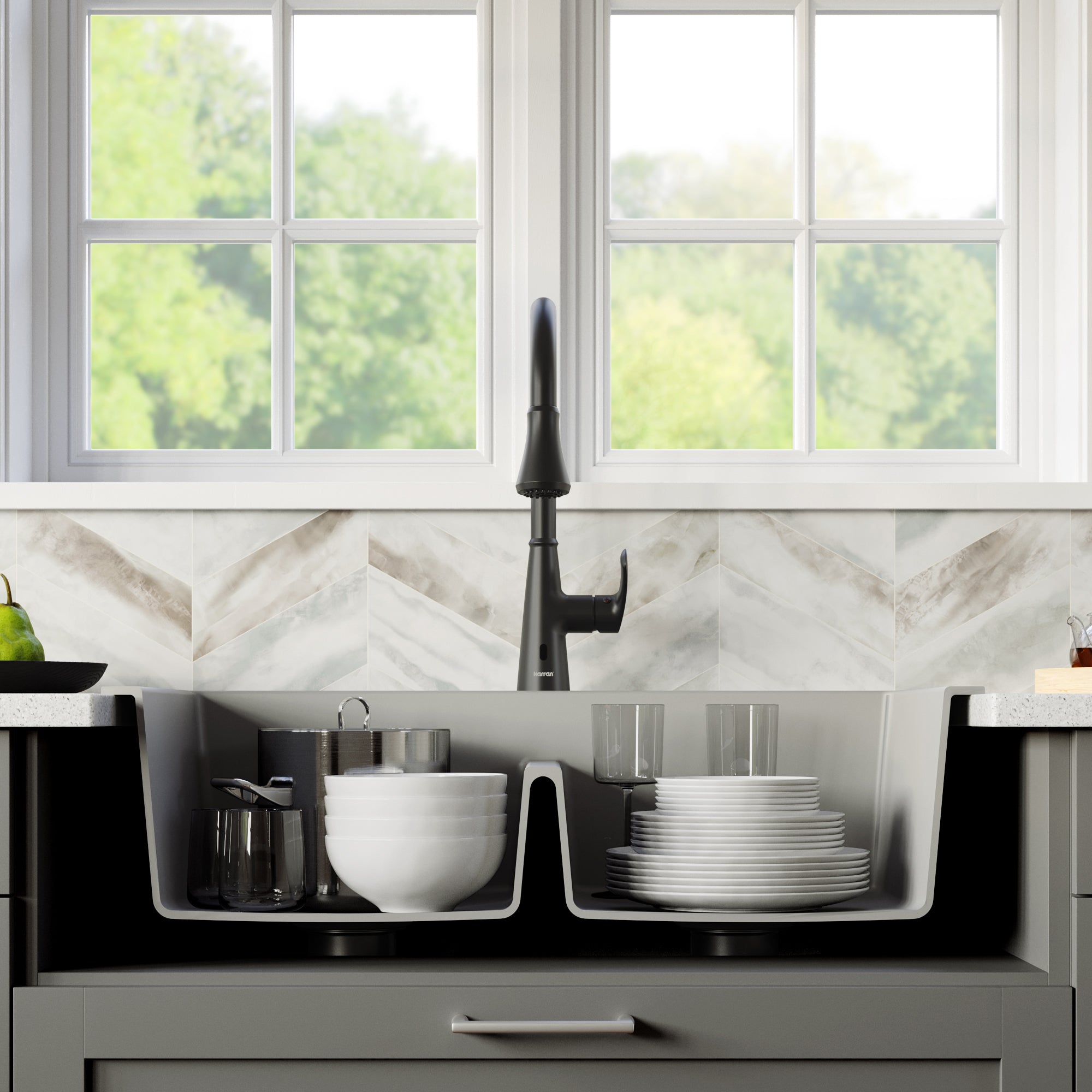 Karran 33" Drop In/Topmount Quartz Composite Kitchen Sink with Matte Black Faucet and Accessories, 50/50 Double Bowl, Grey, QT810GRKKF340MB
