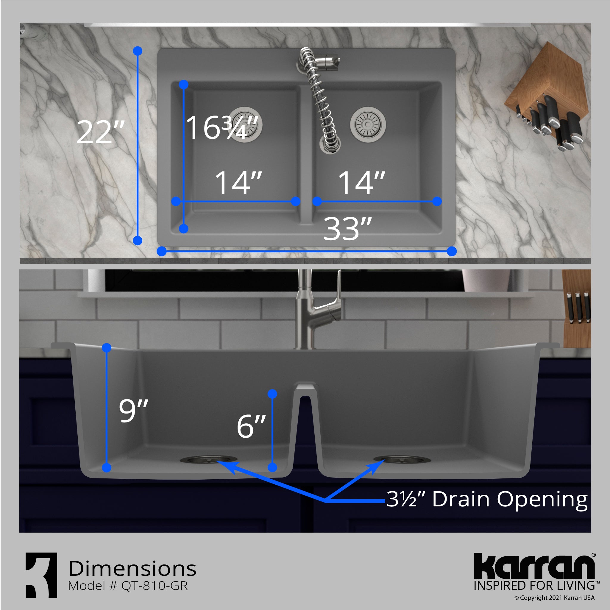 Karran 33" Drop In/Topmount Quartz Composite Kitchen Sink with Matte Black Faucet and Accessories, 50/50 Double Bowl, Grey, QT810GRKKF340MB