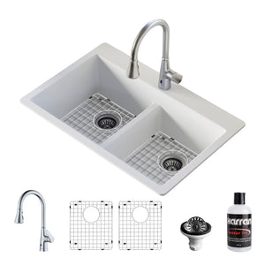 Alternate Image for Karran 33" Drop In/Topmount Quartz Composite Kitchen Sink with Stainless Steel Faucet and Accessories, 50/50 Double Bowl, White, QT810WHKKF340SS