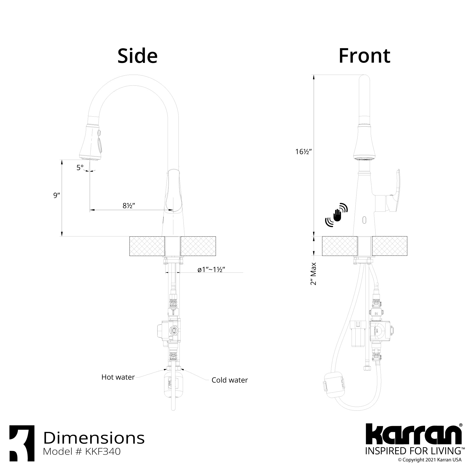 Karran 33" Drop In/Topmount Quartz Composite Kitchen Sink with Stainless Steel Faucet and Accessories, 50/50 Double Bowl, White, QT810WHKKF340SS