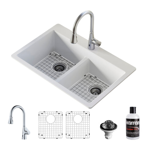 Karran 33" Drop In/Topmount Quartz Composite Kitchen Sink with Stainless Steel Faucet and Accessories, 50/50 Double Bowl, White, QT810WHKKF340SS