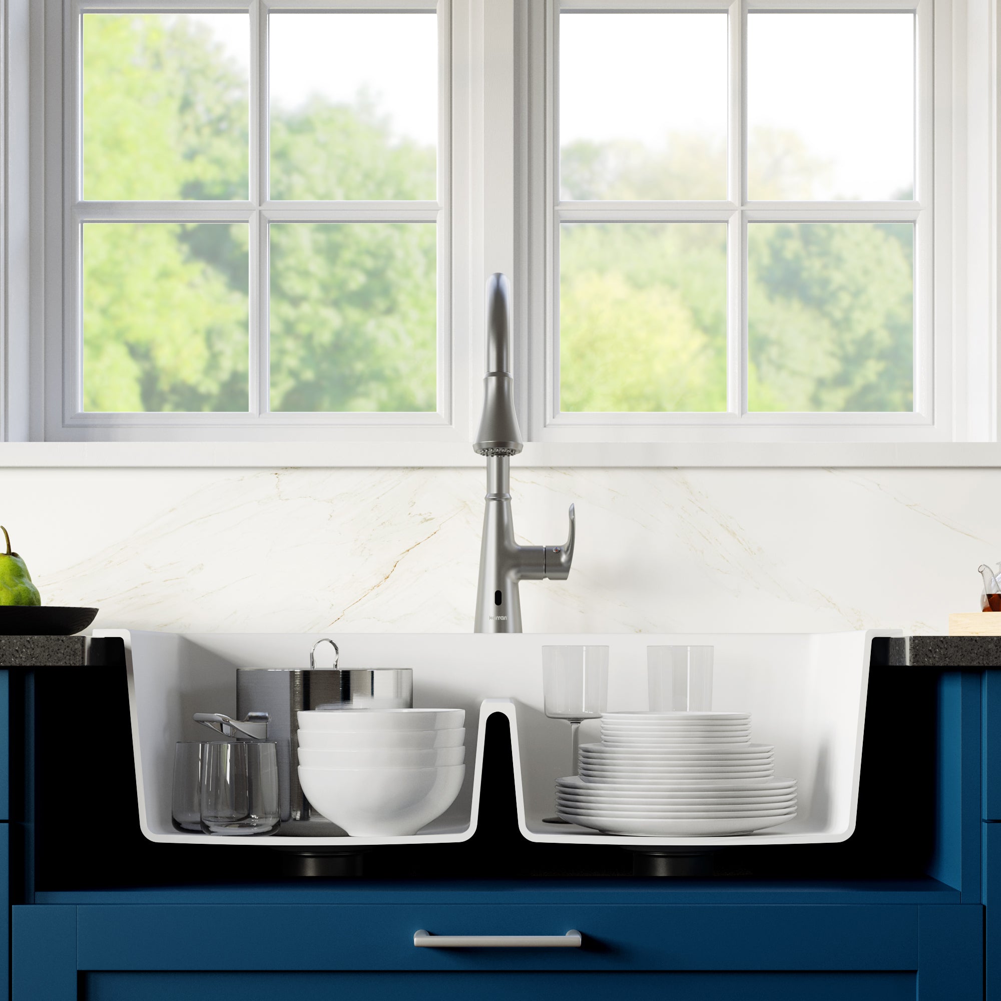 Karran 33" Drop In/Topmount Quartz Composite Kitchen Sink with Stainless Steel Faucet and Accessories, 50/50 Double Bowl, White, QT810WHKKF340SS
