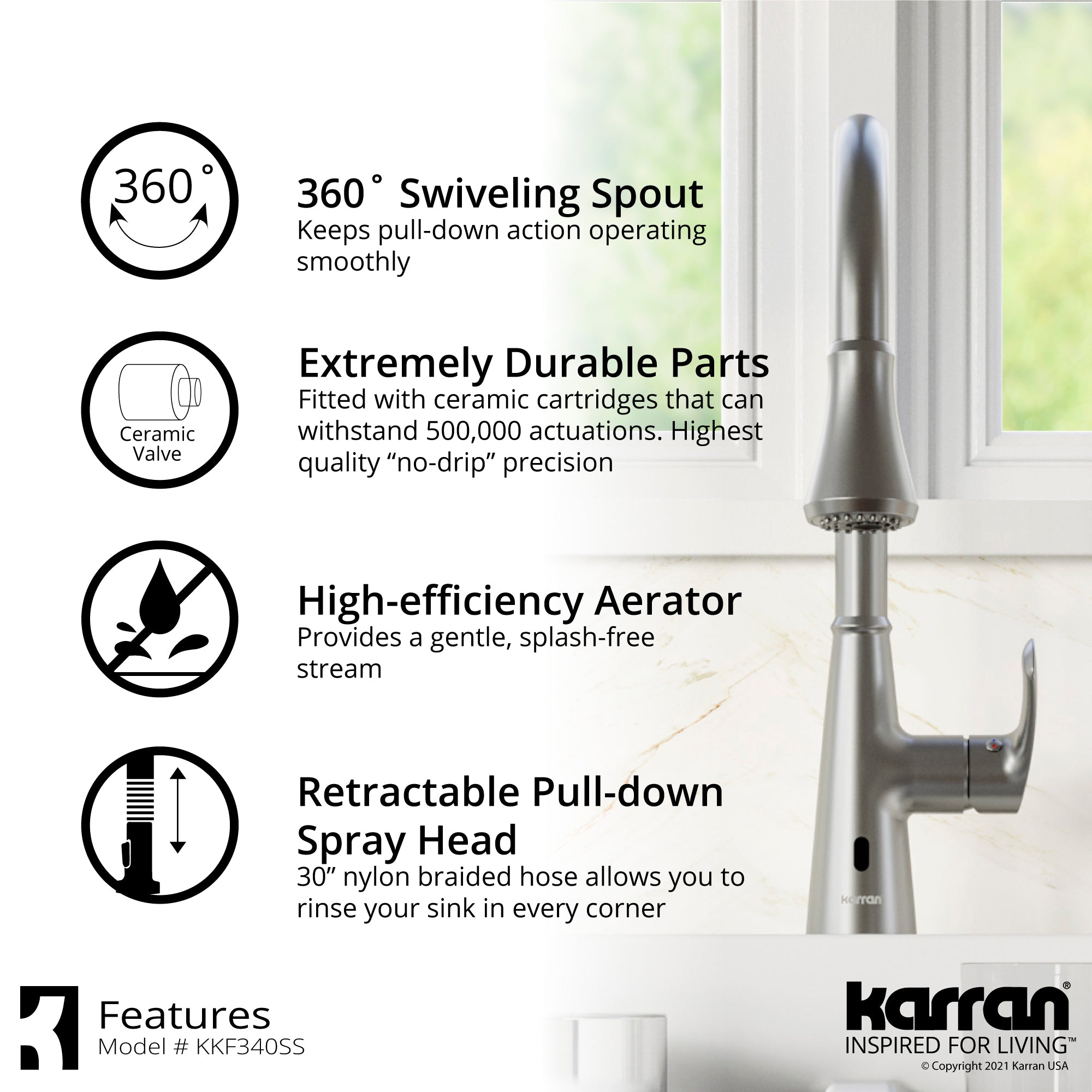 Karran 33" Drop In/Topmount Quartz Composite Kitchen Sink with Stainless Steel Faucet and Accessories, 50/50 Double Bowl, White, QT810WHKKF340SS