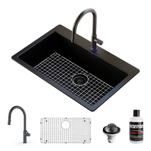 Alternate Image for Karran 33" Drop In/Topmount Quartz Composite Kitchen Sink with Gunmetal Grey Faucet and Accessories, Black, QT812BLKKF350GG