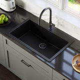 Karran 33" Drop In/Topmount Quartz Composite Kitchen Sink with Gunmetal Grey Faucet and Accessories, Black, QT812BLKKF350GG