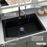 Karran 33" Drop In/Topmount Quartz Composite Kitchen Sink with Gunmetal Grey Faucet and Accessories, Black, QT812BLKKF350GG