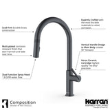 Karran 33" Drop In/Topmount Quartz Composite Kitchen Sink with Gunmetal Grey Faucet and Accessories, Black, QT812BLKKF350GG