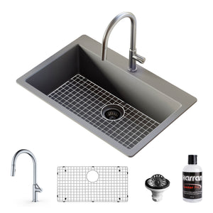 Alternate Image for Karran 33" Drop In/Topmount Quartz Composite Kitchen Sink with Stainless Steel Faucet and Accessories, Grey, QT812GRKKF350SS