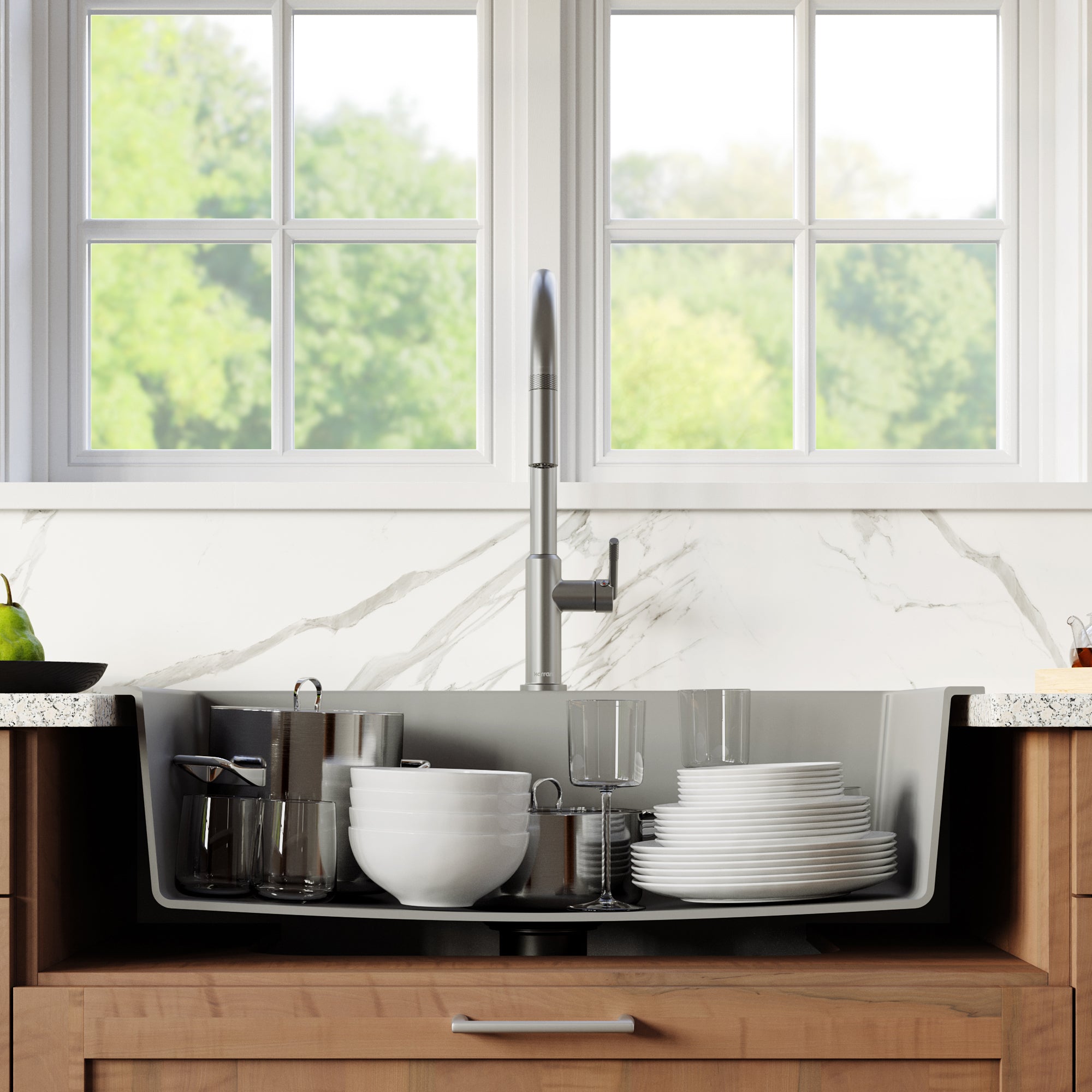 Karran 33" Drop In/Topmount Quartz Composite Kitchen Sink with Stainless Steel Faucet and Accessories, Grey, QT812GRKKF350SS