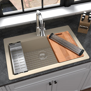 Alternate Image for Karran 33" Drop In/Topmount Quartz Composite Workstation Kitchen Sink with Accessories, Bisque, QTWS-875-BI