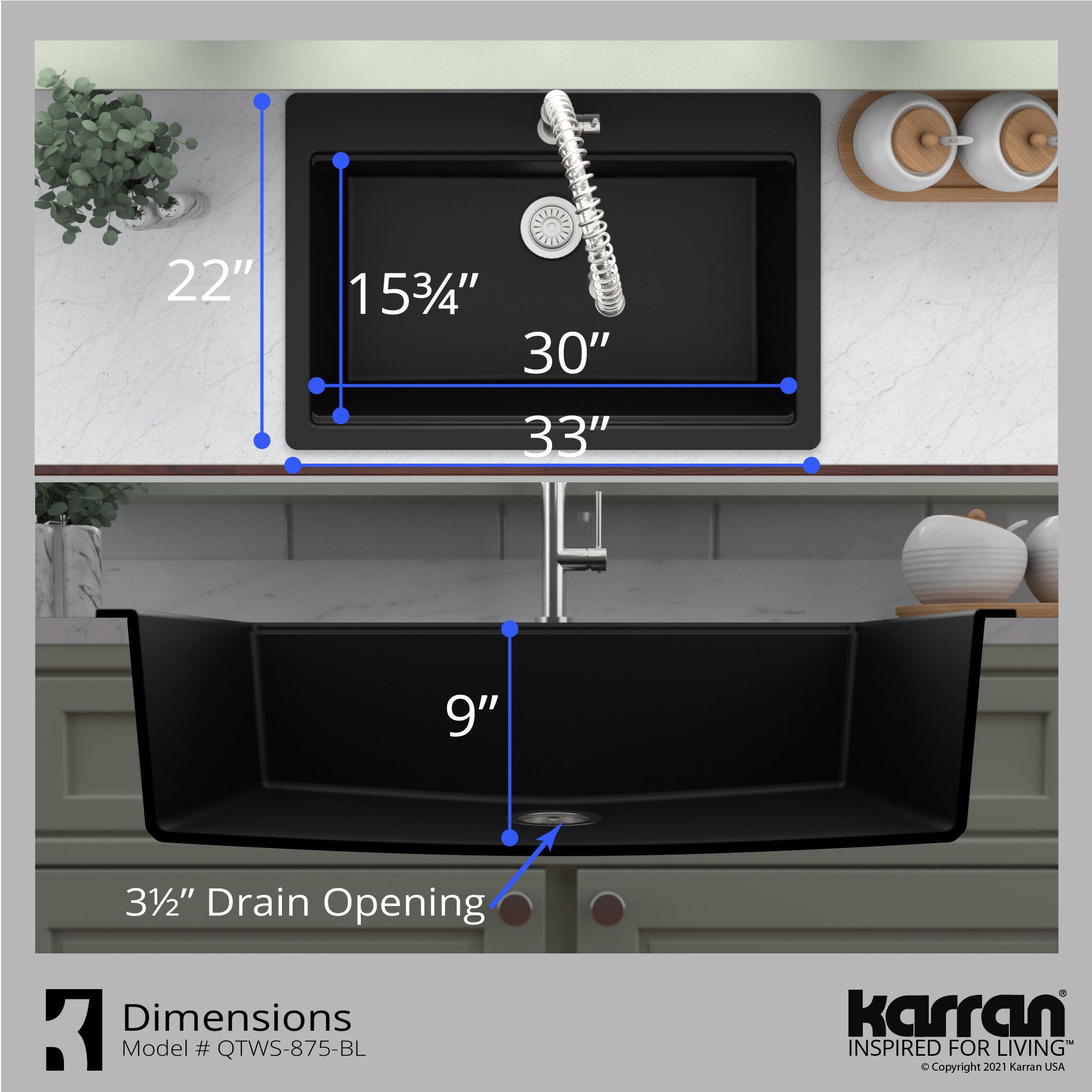 Karran 33" Drop In/Topmount Quartz Composite Workstation Kitchen Sink with Accessories, Black, QTWS-875-BL