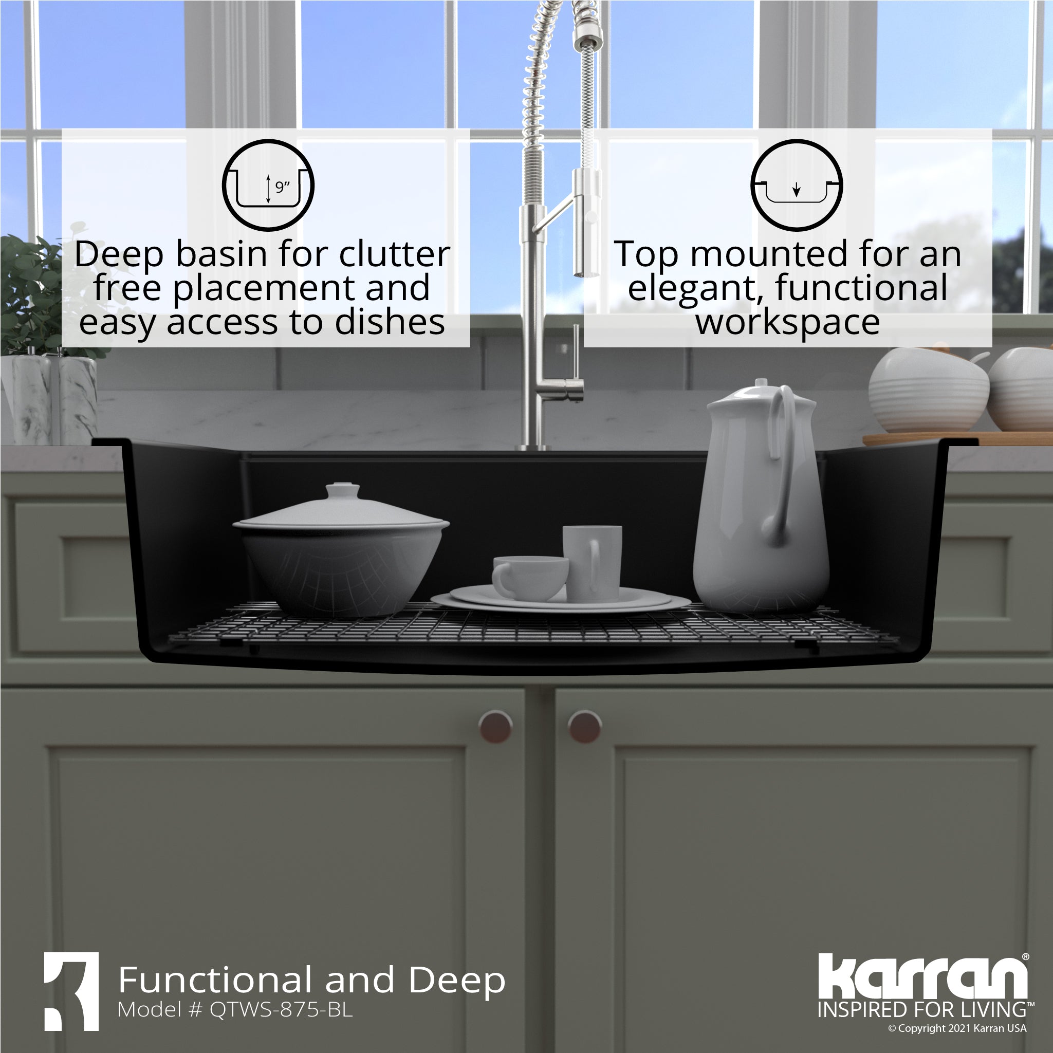 Karran 33" Drop In/Topmount Quartz Composite Workstation Kitchen Sink with Accessories, Black, QTWS-875-BL