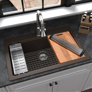 Alternate Image for Karran 33" Drop In/Topmount Quartz Composite Workstation Kitchen Sink with Accessories, Brown, QTWS-875-BR