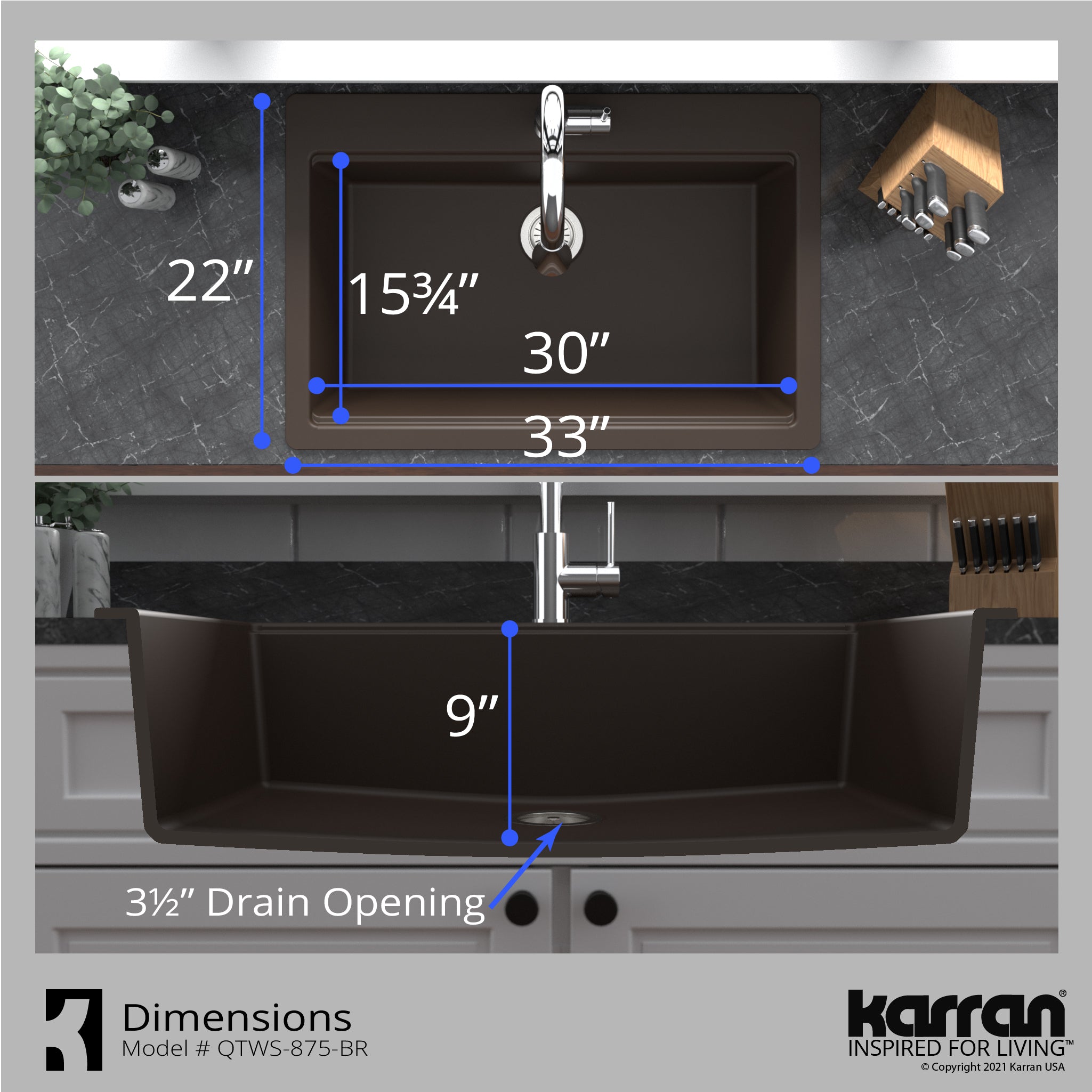 Karran 33" Drop In/Topmount Quartz Composite Workstation Kitchen Sink with Accessories, Brown, QTWS-875-BR