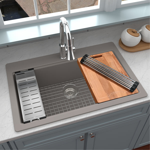 Karran 33" Drop In/Topmount Quartz Composite Workstation Kitchen Sink with Accessories, Concrete, QTWS-875-CN