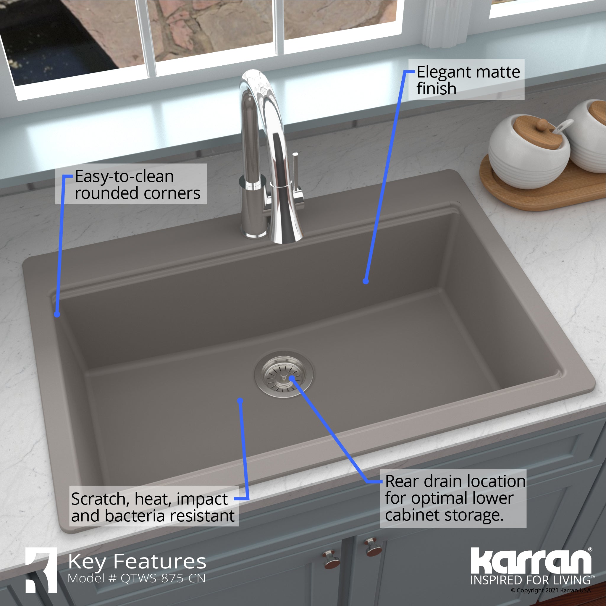 Karran 33" Drop In/Topmount Quartz Composite Workstation Kitchen Sink with Accessories, Concrete, QTWS-875-CN
