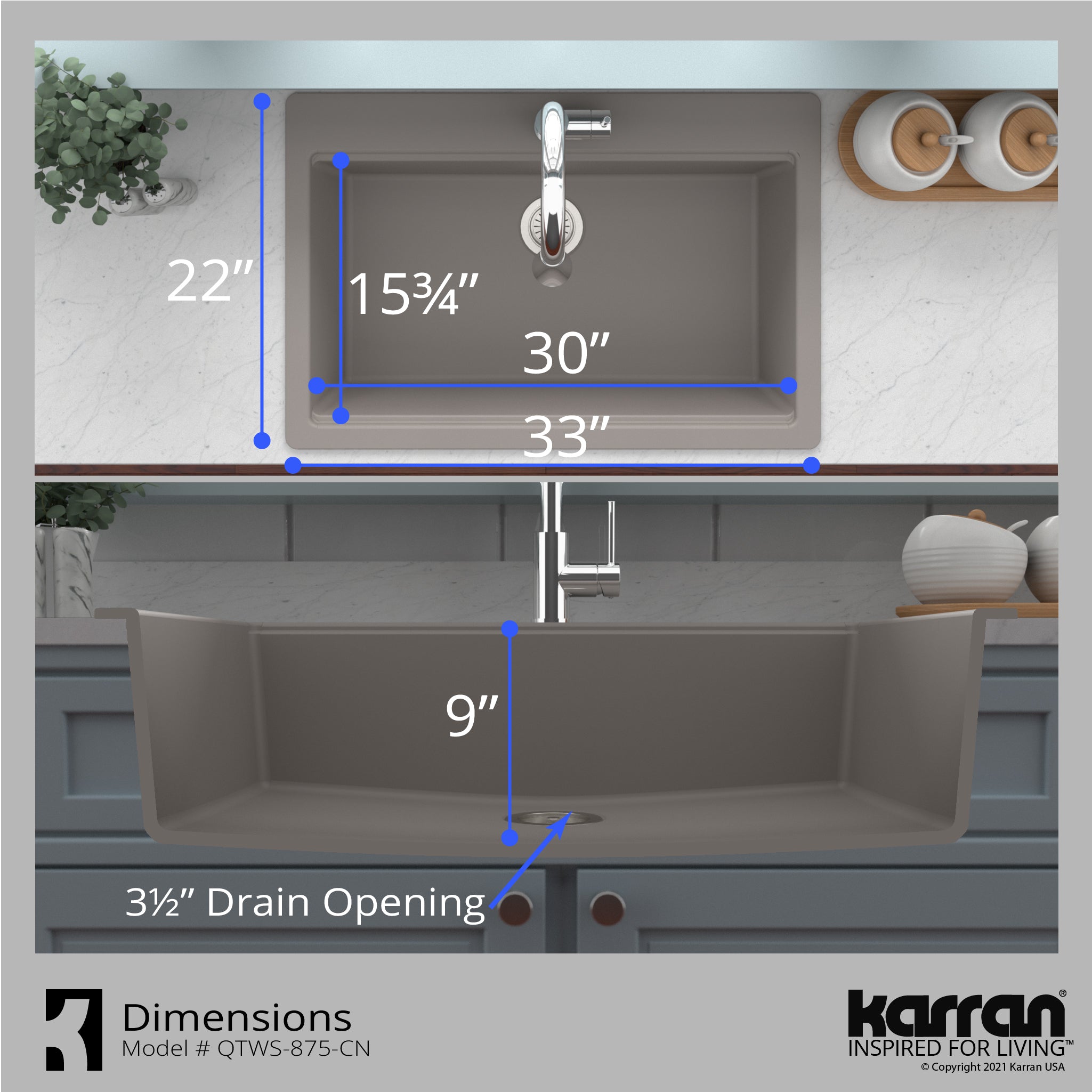 Karran 33" Drop In/Topmount Quartz Composite Workstation Kitchen Sink with Accessories, Concrete, QTWS-875-CN
