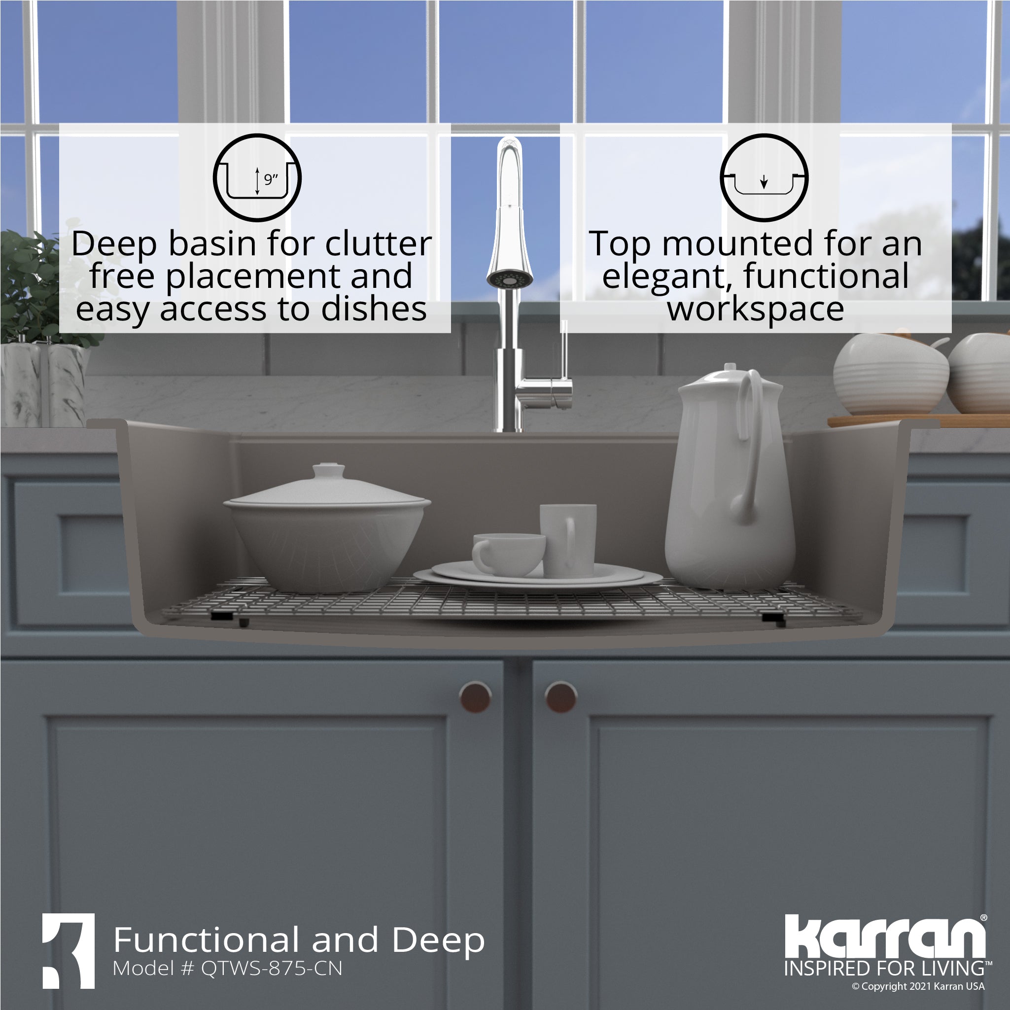 Karran 33" Drop In/Topmount Quartz Composite Workstation Kitchen Sink with Accessories, Concrete, QTWS-875-CN