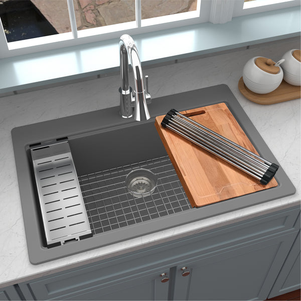 Karran 33" Drop In/Topmount Quartz Composite Workstation Kitchen Sink with Accessories, Grey, QTWS-875-GR