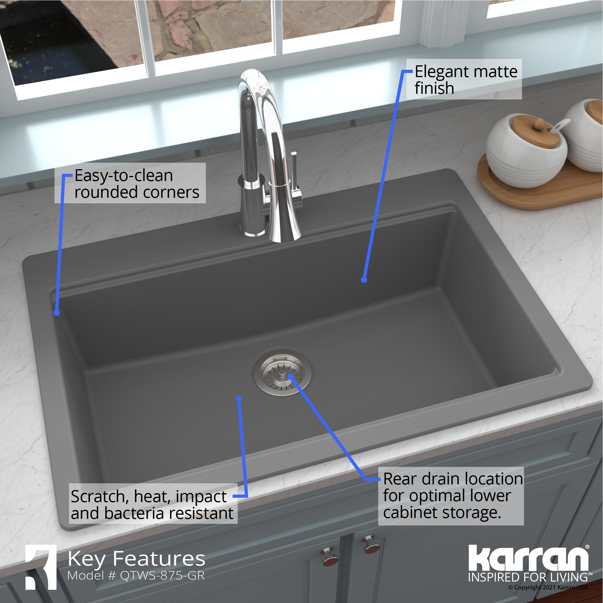 Karran 33" Drop In/Topmount Quartz Composite Workstation Kitchen Sink with Accessories, Grey, QTWS-875-GR