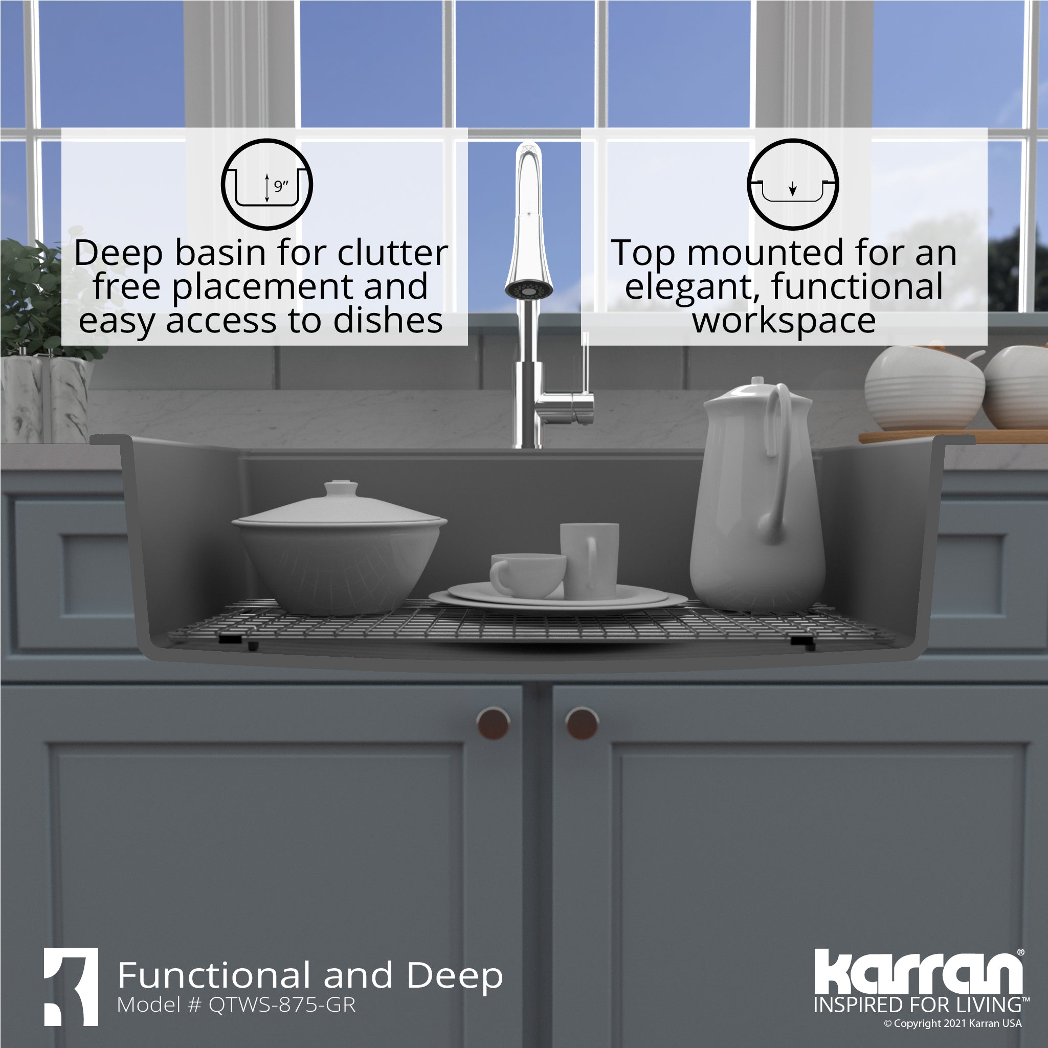 Karran 33" Drop In/Topmount Quartz Composite Workstation Kitchen Sink with Accessories, Grey, QTWS-875-GR