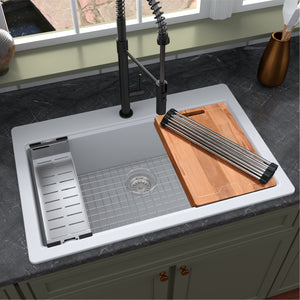 Alternate Image for Karran 33" Drop In/Topmount Quartz Composite Workstation Kitchen Sink with Accessories, White, QTWS-875-WH