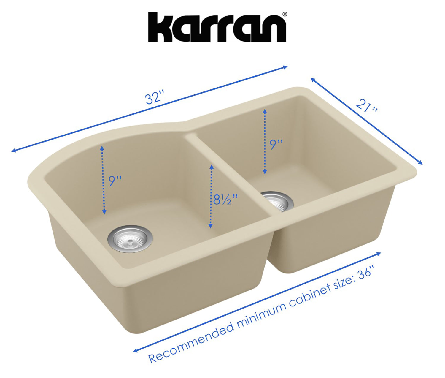 Karran 32" Undermount Quartz Composite Kitchen Sink, 60/40 Double Bowl, Bisque, QU-610-BI
