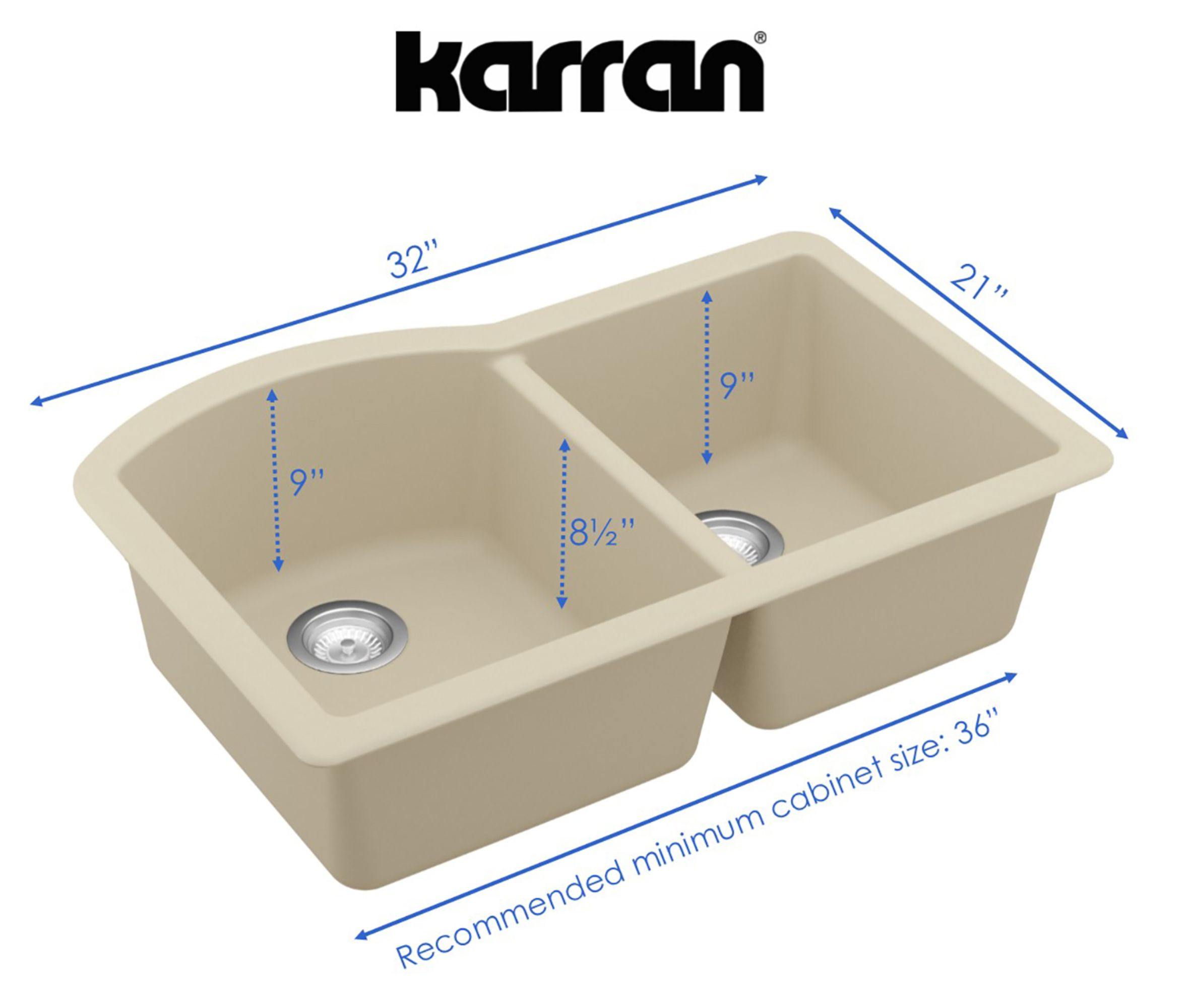 Karran 32" Undermount Quartz Composite Kitchen Sink, 60/40 Double Bowl, Bisque, QU-610-BI-PK1
