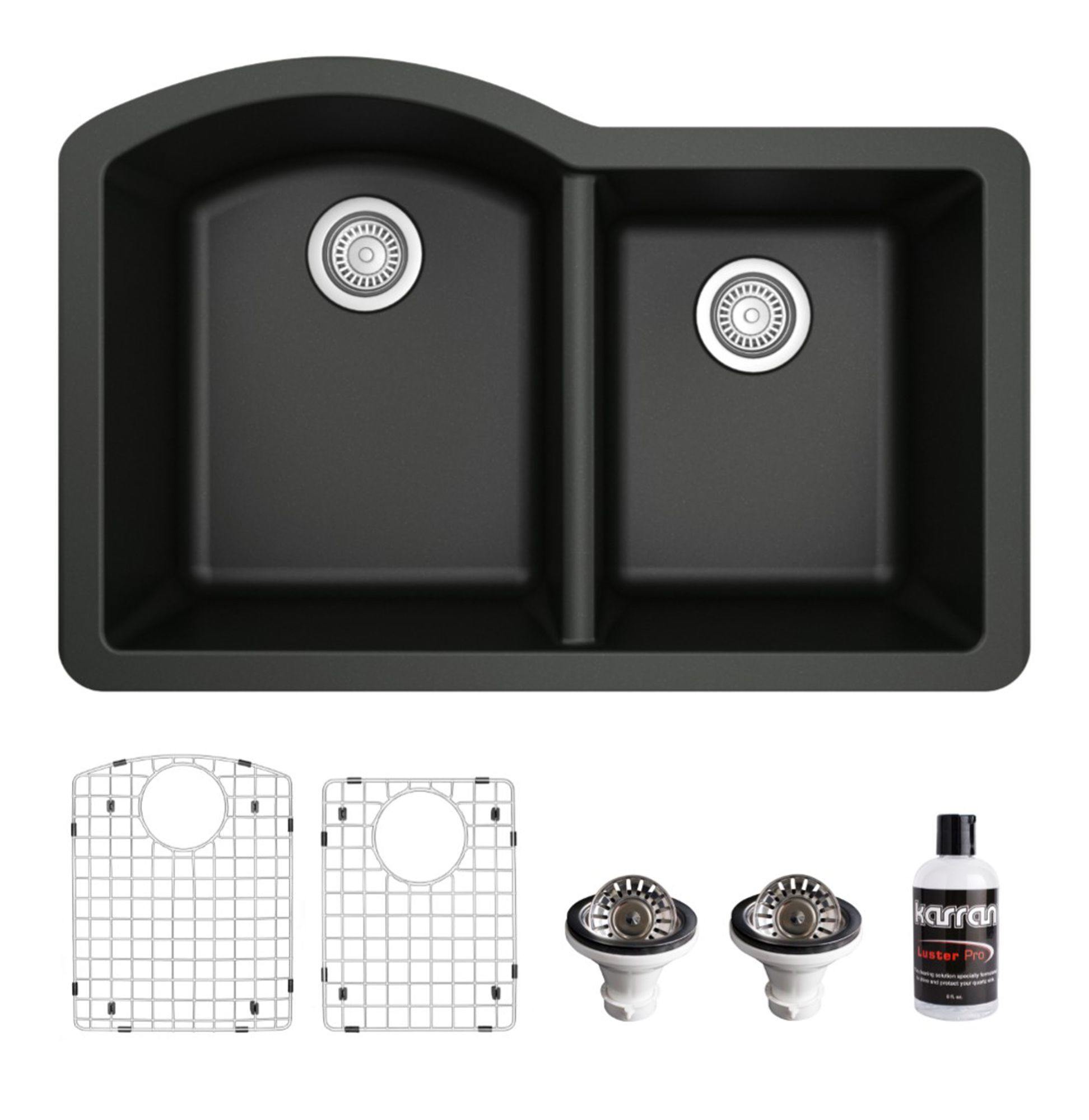 Karran 32" Undermount Quartz Composite Kitchen Sink, 60/40 Double Bowl, Black, QU-610-BL-PK1