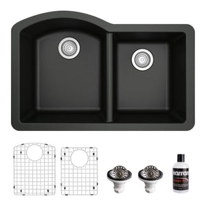Alternate Image for Karran 32" Undermount Quartz Composite Kitchen Sink, 60/40 Double Bowl, Black, QU-610-BL-PK1